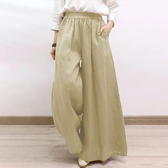 Lilgiuy Womens Fashion Summer Solid Casual Pocket Elastic Waist Long Pants for Beach Vacation Travel