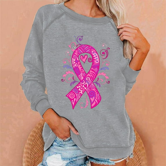 Lilgiuy Womens Fight Breast Cancer Sweatshirt Pink Ribbon Print Pullover Loose Fit Tops Casual Long Sleeves Crewneck Sweatshirt (S-2XL)