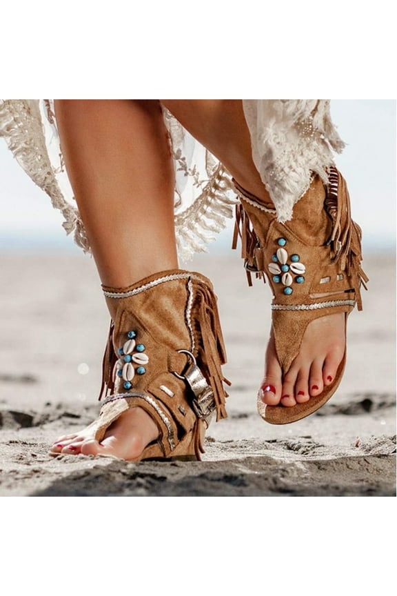Womens Gladiator Fringe Sandals Summer Retro Beach Thong Flat Boots Tassel Flip Flops Platform Sandals for Vacation Work Dating Brown