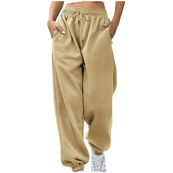 Lilgiuy Womens High Waist Sweatpants Winter Thick Warm Comfy Stretch Lounge Athletic Yoga Joggers Pants with Pockets Khaki(S-2Xl)