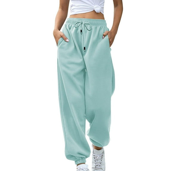 Lilgiuy Womens High Waisted Sweatpants Winter Warm Baggy Elastic Drwastring Waist Workout Joggers Pants Casual Yoga Pants with Pockets Blue(S-2Xl)
