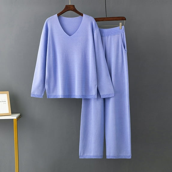 Lilgiuy Womens Knit Pajamas Set Solid Color V Neck Long Sleeve Pj Set Matching Outfits Top and Pant Leisurewear Casual Sweatsuits for Work School