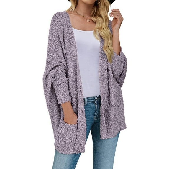Lilgiuy Womens Ladies Solid Open Front Soft Chunky Pocket Long Sleeve Coat Outerwear Cardigan Purple,10(XL) Winter Clothes for 2022