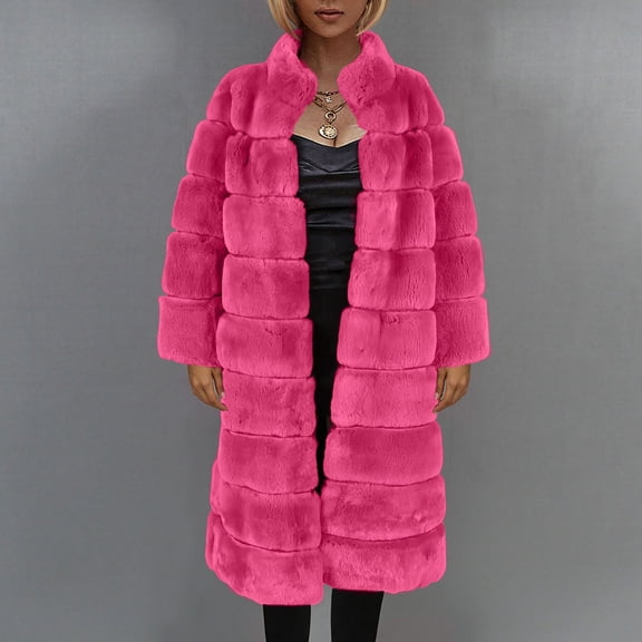 Lilgiuy Womens Ladies Warm Faux Furry Coat Jacket Winter Solid V-neck Outerwear Hot Pink，12 Winter Dresses for 2022