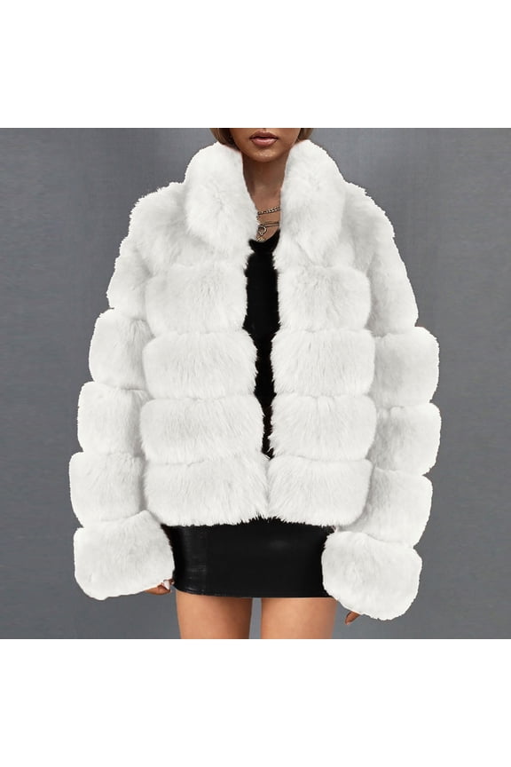 Womens Ladies Warm Faux Furry Coat Jacket Winter Solid V-neck Outerwear White,6(M) Winter Clothes for 2022