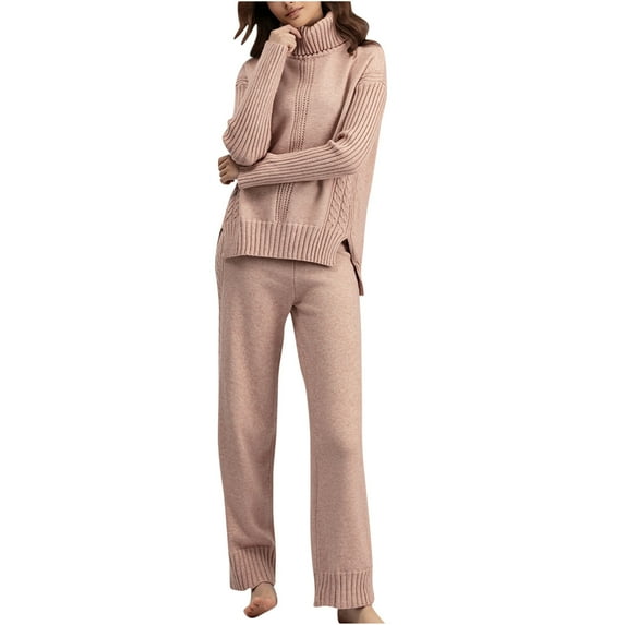 Lilgiuy Womens Leisure Knit Sets Two Piece Turtleneck Long Sleeve Pullover Sweater Tops Soft Comfort Pants Tracksuit Holiday Gifts