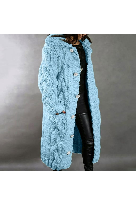 Womens Long Sleeve Cable Knit Long Cardigan Open Front Button Sweater Outerwear Light Blue，14（XXL） Winter Clothes for 2022