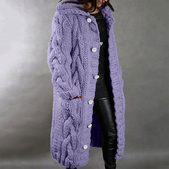 Lilgiuy Womens Long Sleeve Cable Knit Long Cardigan Open Front Button Sweater Outerwear Purple,16(XXXL) for 2022