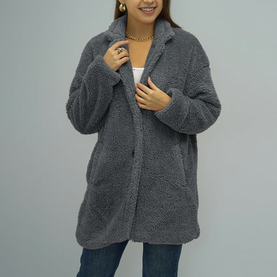 Lilgiuy Womens Long Sleeve Loose Solid Color Button Pocket Lapel Thickened Plush Coat Blouse Gray8 Winter Fashion 2022