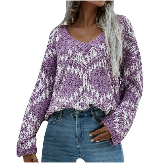 Lilgiuy Womens Long Sleeves V-Neck Stripe Loose Color Matching Tops Blouse Knitted SweaterPurple8 Winter Fashion 2022