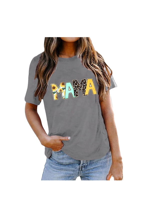 Womens Mama Athletic Shirt Cute Leopard Letter Print Shirt Blessed Mama Tops for Women Summer Short Sleeve Shirts Clearance