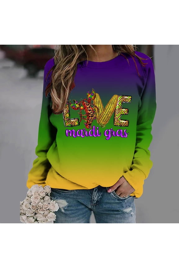Womens Mardi Gras Shirt Carnival Themed Graphic Tee Shirt 2024 New Party Parade Long Sleeve Shirts Top for Anniversary Graduation