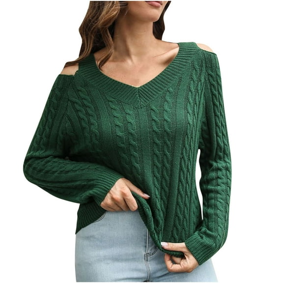Lilgiuy Womens Off Shoulder V-Neck Sweater Womens Loose Autumn Winter Long Sleeve Knit SweaterGreen8 2022 Fall Winter