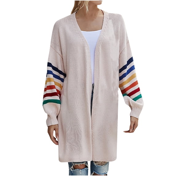 Lilgiuy Womens Open Front Cardigans Sweater Long Sleeve Loose Fit Rainbow Striped Long Sweater Cardigan Outwear Coats(Pink,4) Winter Fashion 2022
