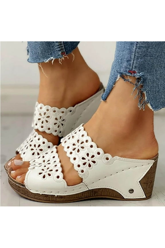 Womens Platform Wedge Sandals Espadrilles Hollow Out Open Toe Slip on Summer Slide Sandals Beach High Heels Shoes for School College Library(White,9)