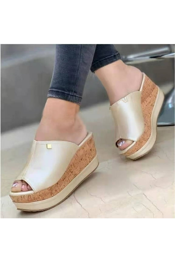 Womens Platform Wedge Sandals Peep Toe Slip on Slide Sandals Lightweight Wedges Mules Dress Summer High Heel Slippers Outwear(Beige,5)