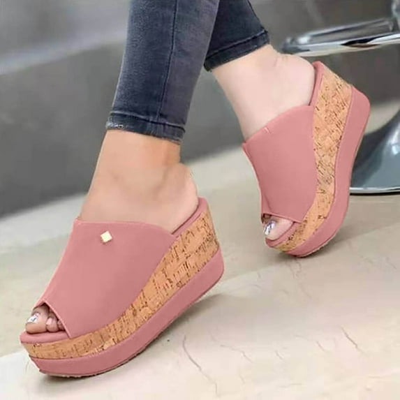 Lilgiuy Womens Platform Wedge Sandals Peep Toe Slip on Slide Sandals Lightweight Wedges Mules Dress Summer High Heel Slippers for Photoshot(Pink,7)