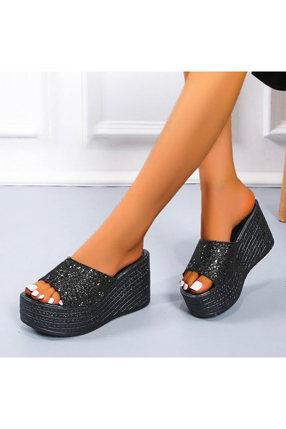 Womens Platform Wedge Sandals Slip on Open Toe Flatform Sandals Glitter Shiny Slide Sandals Beach Slippers Playwear(Black,7.5)