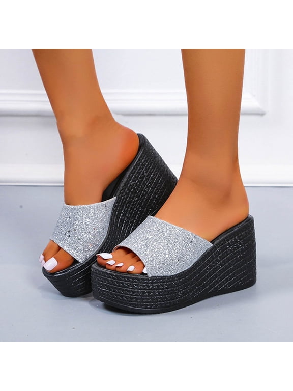 Womens Platform Wedge Sandals Slip on Open Toe Flatform Sandals Glitter Shiny Slide Sandals Beach Slippers for Daily Wear(Silver,6)