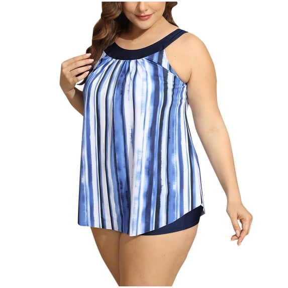 Lilgiuy Womens Plus Size Tankini Swimsuit Two Piece Bathing Suits Geometric Graphic Crewneck Flowy Swim Tops with Shorts for Beach Spa(Blue,2XL)
