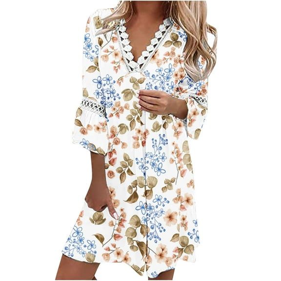 Lilgiuy Womens Printing Shoulder Three Quarter Sleeve V-Neck Regular Dress Green Fall Dresses for 2022 Spring Winter