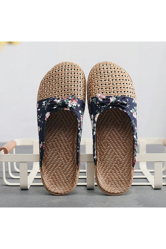 Womens Rattan Woven Slippers Closed Toe Bow Straw House Slippers Summer Casual Slip on Bamboo Rattan Beach Sandals Streetwear(Navy,8)