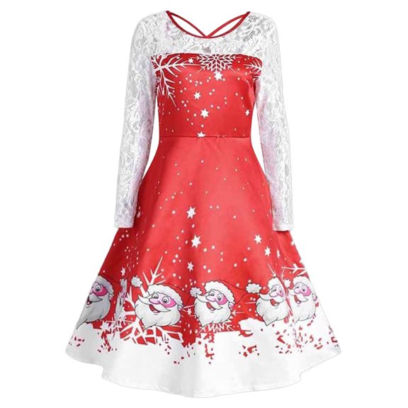 Lilgiuy Womens Round Neck Lace Splicing Long Sleeves Christmas Party Dress Ladies Vintage Dress Red 2022 Fall Winter