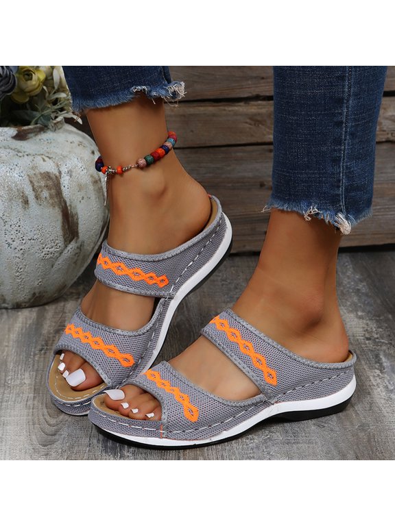 Womens Sandals Open Toe Two Band Slip on Platform Wedge Slide Sandals Casual Summer Sandals Slippers Comfortable Dress Walking Shoes for School College Library(Gray,5.5)