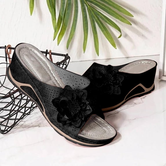 Lilgiuy Womens Sandals Wedge Platform Flower Slide Sandals Comfortable Beach Shoes Dressy Summer Sandals for Women Casual Slides for Gym Exercise(Black,8.5)