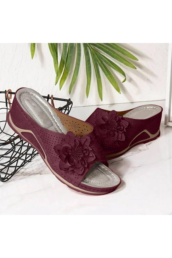 Womens Sandals Wedge Platform Flower Slide Sandals Comfortable Beach Shoes Dressy Summer Sandals for Women Casual Slides for School College Library(Purple,7.5)