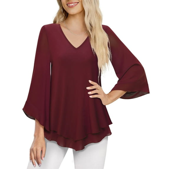 Lilgiuy Womens Summer Fashion Solid Print Double Mesh Shirt 3/4 Flared Sleeve V-Neck Tunic Blouse Tops for Golf Biker Hiking