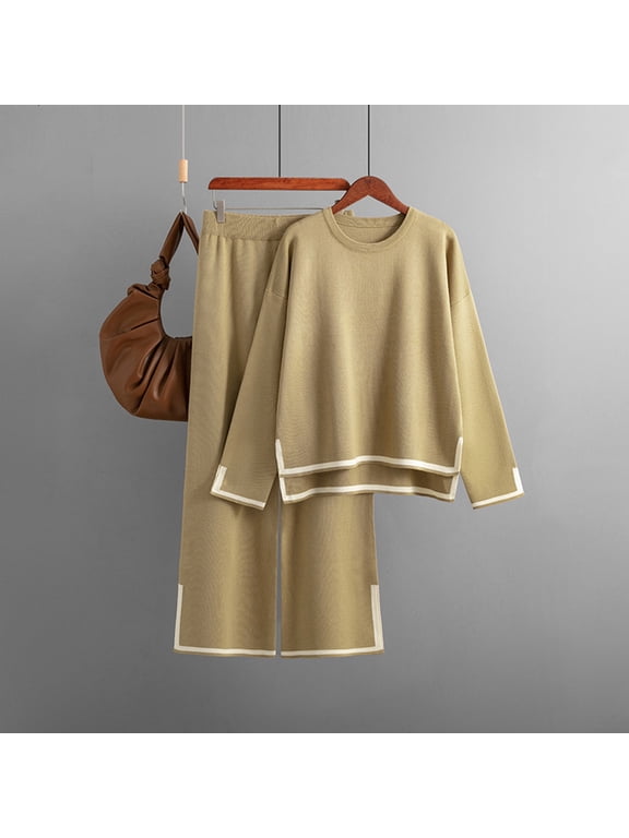 Womens Sweater Sets Solid Color Long Sleeve Knit Pullover Tops and Loose Soft Pants 2 Piece Leisure Set Outfits for Cold Weather