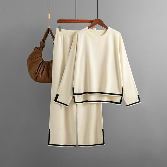 Lilgiuy Womens Sweater Sets Solid Color Long Sleeve Knit Pullover Tops and Loose Soft Pants 2 Piece Leisure Set Outfits for Work School