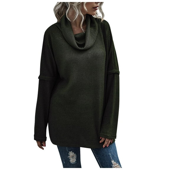 Lilgiuy Womens Turtleneck Solid Color Sweater Long-sleeve Patchwork Slit Knitted SweaterArmy Green4 Winter Fashion 2022