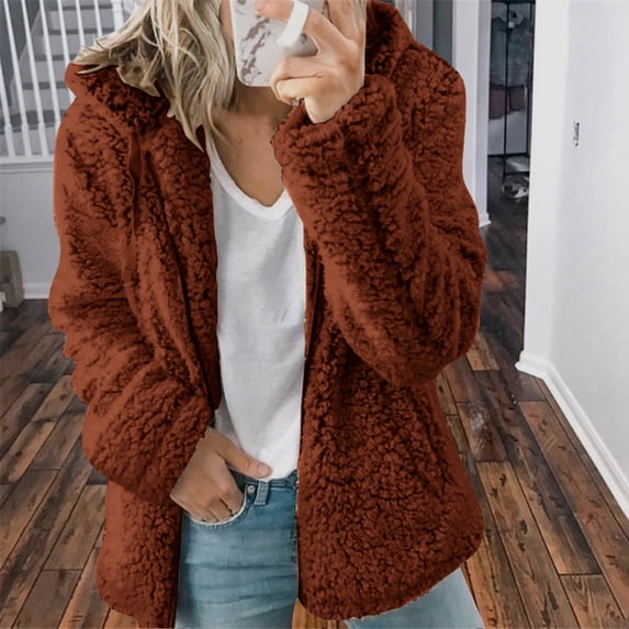 Lilgiuy Womens Warm Faux Coat Jacket Winter Zipper Solid Long Sleeve Outerwear Brown,(S) Winter Clothes for 2022