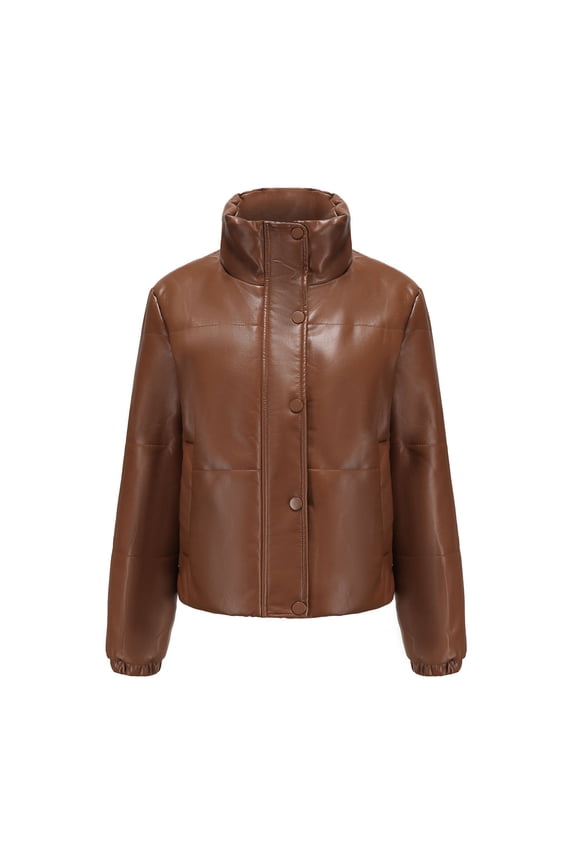 Womens Warm Long Sleeve Jacket Slim Winter Parkas Faux Leather Hoodless Coats,Brown,12(XXL) Winter Fashion 2022