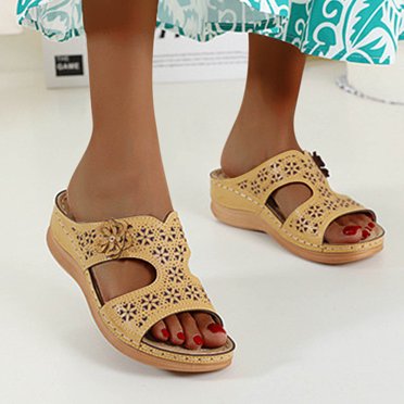 Lilgiuy Womens Wedge Sandals Open Toe Low-heeled Slide Sandals Casual Bohemian Style Hollow Out Flower Platform Sandals Summer Breathable Slippers for Dorm Shower (Yellow,7.5)