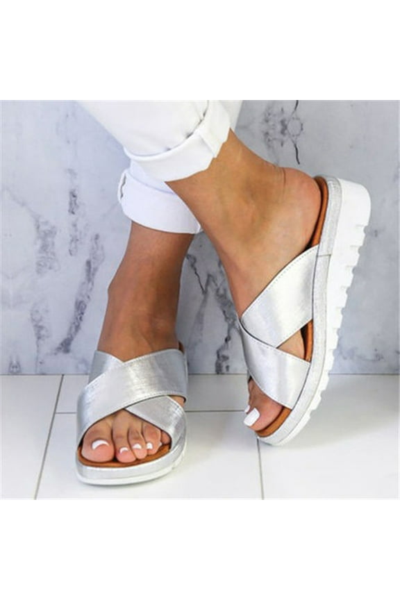 Womens Wedge Sandals Summer Comfortable Cross-Strap Slide Sandals Open Toe Platform Slippers Beach Sandals for Party Club Birthday(Silver,5.5)