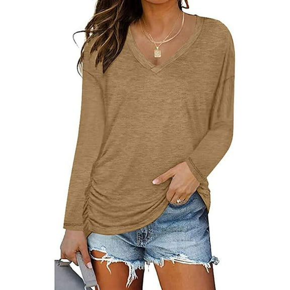 Lilgiuy Womens Winter Sexy V Neck Long Sleeve Tops Solid Regular Blouse Lightweight Active Yoga Tee Shirts