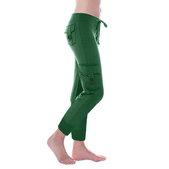 Lilgiuy Womens Yoga Capris Pants High Waisted Cargo Workout Pants Solid Color Stretch Leggings Pants Casual Drawstring Sweatpants with Multi Pockets Loungewear Green(XS-4Xl)