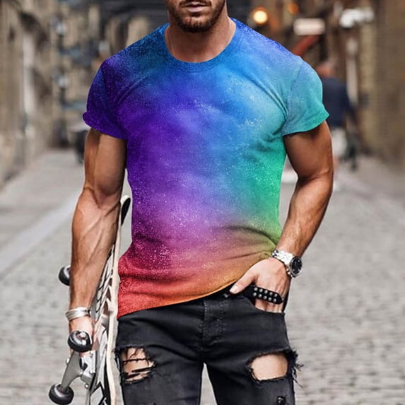 Lilgiuy Workout T Shirts for Men Casual Plus Size Colorful Printed T-Shirt Short Sleeve Crewneck T-Shirt Novelty Athletic Shirts Summer Tees Streetwear(Blue,M)