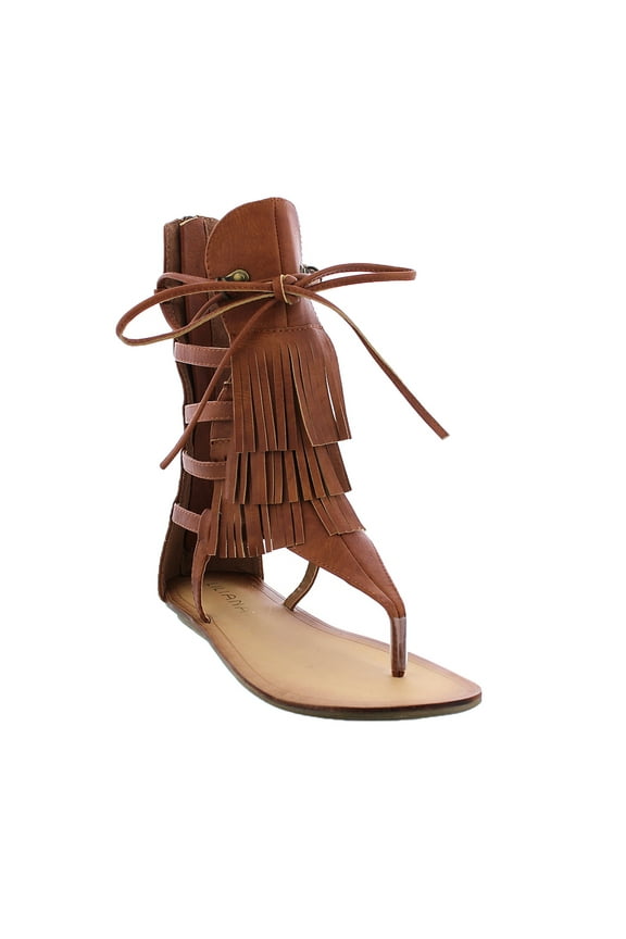 Liliana AVIS-4 Women's Flat Lace Up 3 Layers Fringe Flip Flop Gladiator Sandal