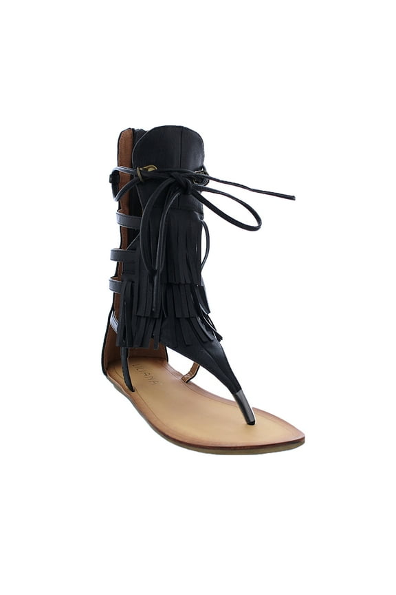 Liliana AVIS-4 Women's Flat Lace Up 3 Layers Fringe Flip Flop Gladiator Sandal