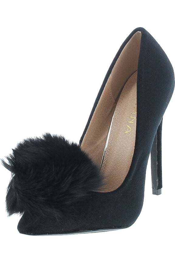 Affair Velvet Pointy Toe Stiletto High Heel Fur Pom Slip On Pump Slide Shoe, Black, 6