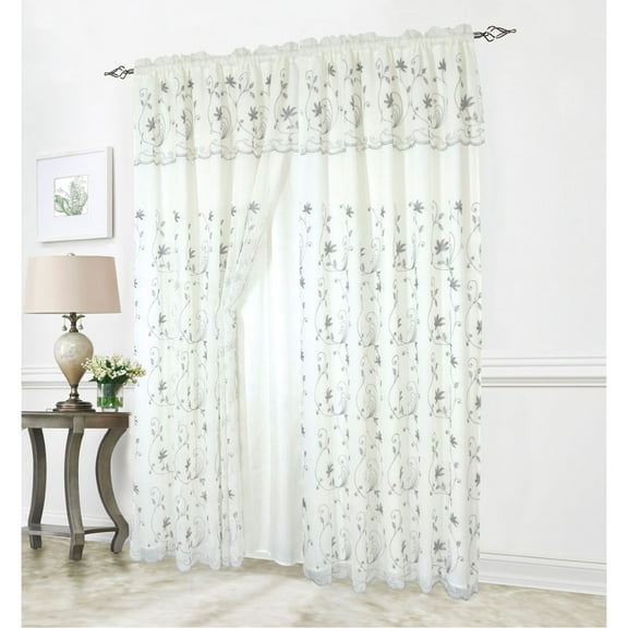 Liliana Floral Embroidered Rod Pocket Window Panel With Valance and Backing, White/Blush, 54x90 Inches