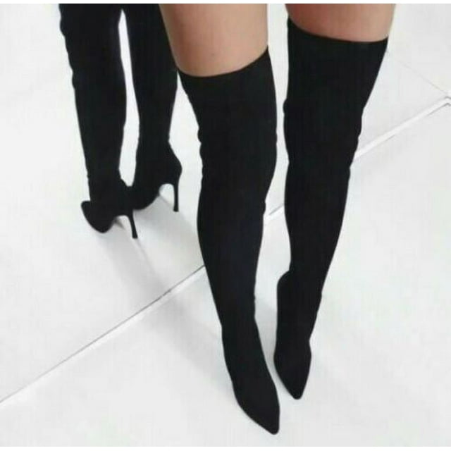 Liliana Gisele 7 Black Thigh High Stretchy Suede Fitted Pointy Stiletto