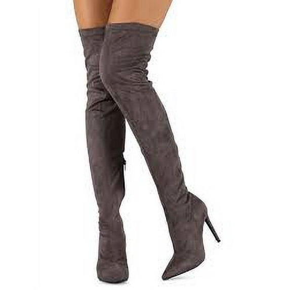 Liliana Gisele-7 Grey Suede Thigh High Stretchy Suede Pointed Toe Stiletto Boot (Grey, 11)