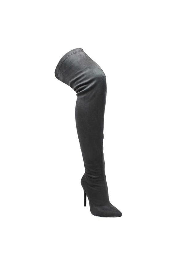 Liliana Gisele-7 Grey Suede Thigh High Stretchy Suede Pointed Toe Stiletto Boot