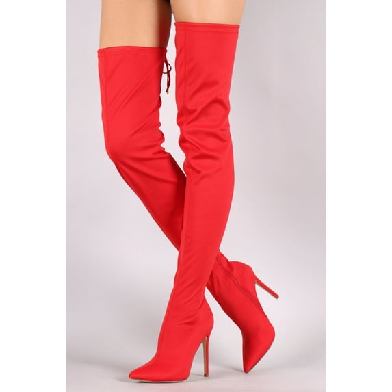 Liliana Gisele-7 Red faux Suede Pointy Toe Thigh High Single Sole Stiletto Boot (10)