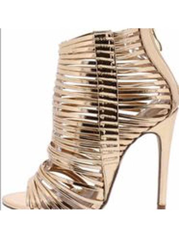 Gold Metallic Caged Open Toe Strap Heel